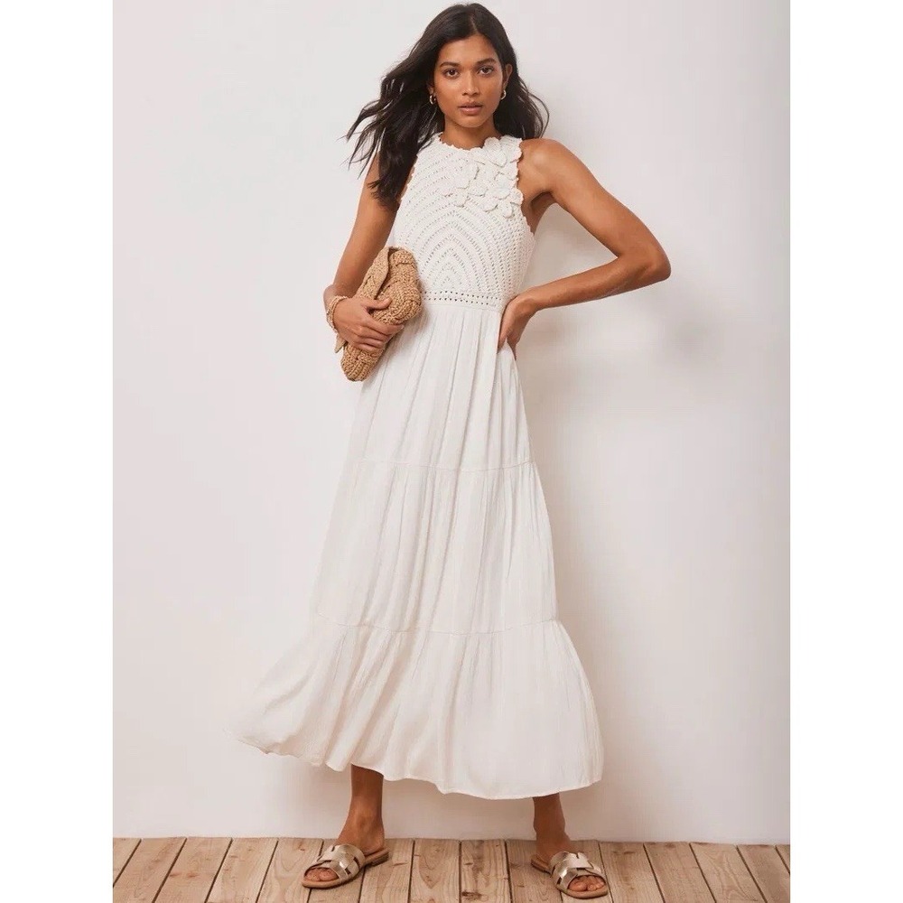Mint Velvet White Boho Peasant Dress Sz 6 Small Sleeveless Tiered Crochet Maxi